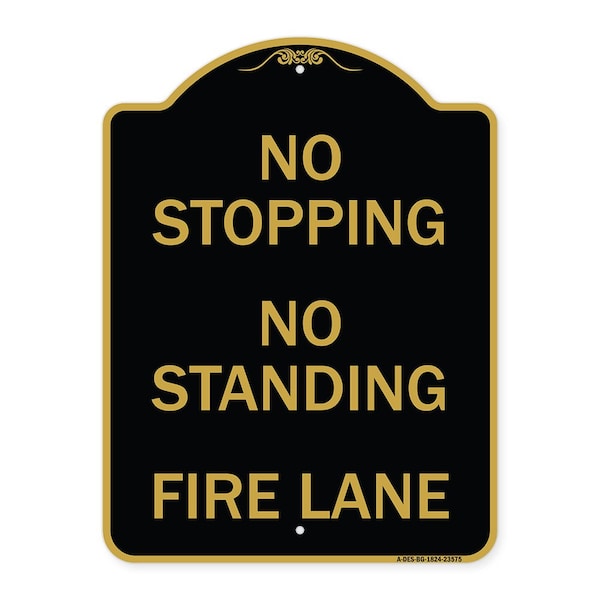 No Stopping No Standing Fire Lane, Black & Gold Aluminum Sign, 18" x 24", BG-1824-23575